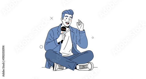 Man Sitting Cross-legged with Microphone, Speaking or Interviewing, Modern Illustration