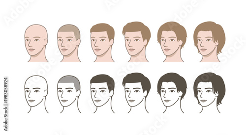 Male Hair Growth Progression in 45 Degree View, Hairstyle Transformation from Bald to Long Hair, Three Quarter Angle Face, Grooming Chart Illustration