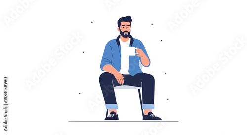 Man Sitting on Chair Holding Coffee Cup, Casual Style