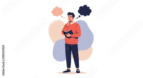 Man Thinking with Book and Thought Bubbles - Concept of Idea, Learning, and Reflection