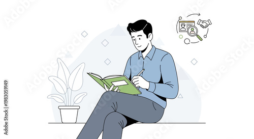 Man studying in notebook with recruitment icons in background
