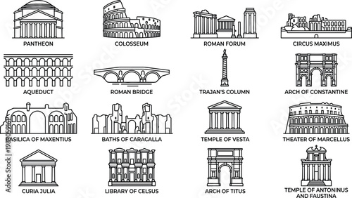 Roman landmarks and ancient buildings on white background