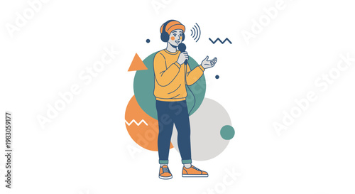 Man with headphones speaking into microphone, abstract shapes background, podcasting concept