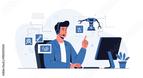 Man with headset and robot arm, AI, technology, data analysis, customer support
