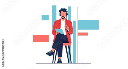 Man with headset and tablet sits on stool with bar chart background