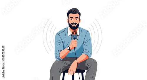 Man with beard speaking into microphone, sound waves emanating, podcasting, broadcasting, interview
