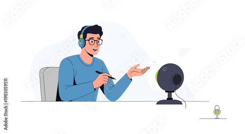 Man with Headphones and Microphone Recording Audio or Streaming Online