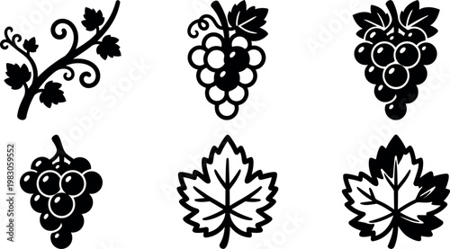 Black and white grape bunches and grapevine leaves icon set vector art