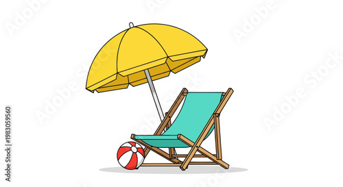 Beach chair and umbrella with striped ball on white background, summer relaxation