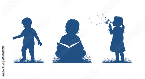 Children silhouettes: reading, playing, blowing dandelion seeds on grass
