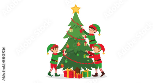 Christmas elves decorating a festive tree with gifts below, happy holiday spirit