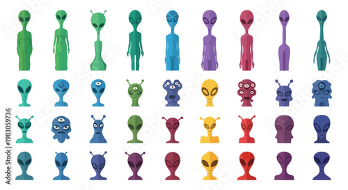 Collection of diverse alien characters, colorful extraterrestrial beings, sci-fi concept