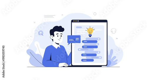 Man with Idea Lightbulb on Tablet Screen, Brainstorming and Innovation Concept