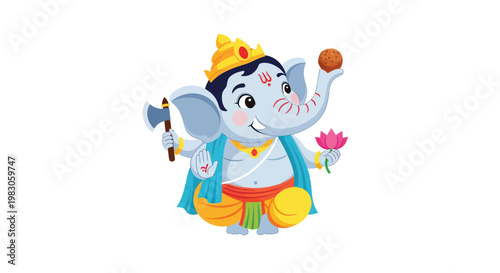 Cute cartoon Ganesha holding lotus flower, axe, and modak sweet
