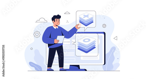 Man holding tablet, interacting with digital interface, data layers, business concept