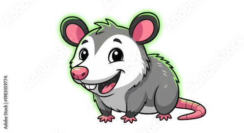 Cute Cartoon Opossum Character with Green Glow, Funny Animal Illustration