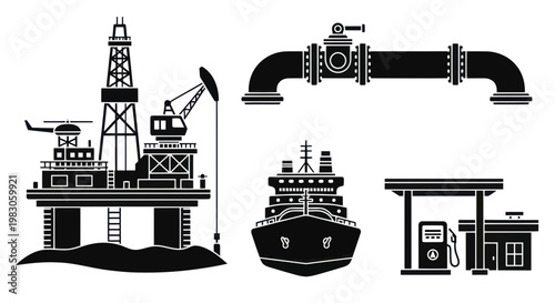 Oil and Gas Industry Icons: Rig, Pipeline, Ship, and Gas Station