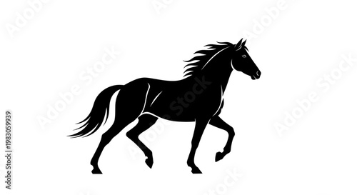 Silhouette of a majestic horse running with mane flowing, isolated on white.