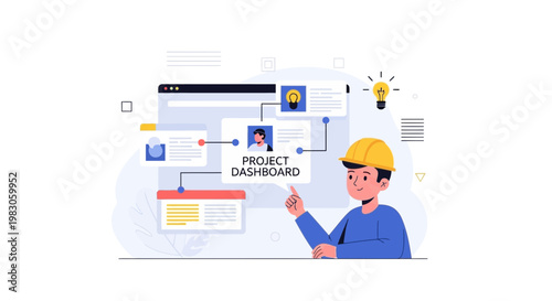 Man in hard hat pointing at project dashboard, business analytics, project management concept
