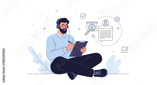 Man with headphones writing on clipboard, analyzing data, recruitment concept