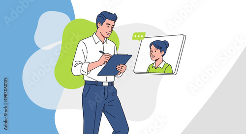 Man in video call, taking notes on clipboard, business communication concept