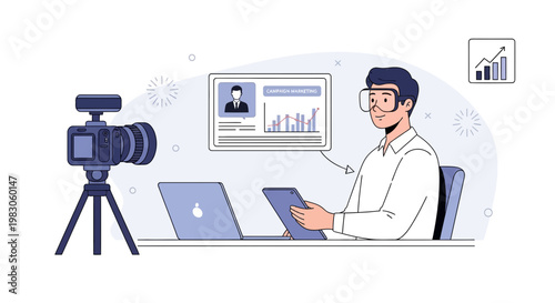 Man in VR headset analyzing business charts on screen, filmed by camera