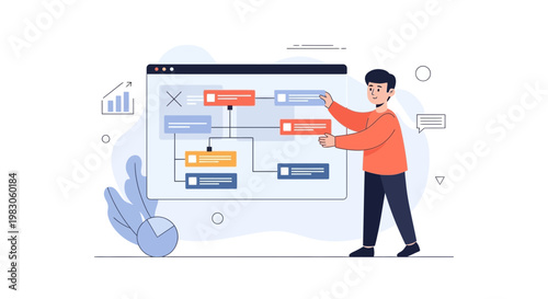 Man interacting with a digital flowchart on a screen, business strategy concept