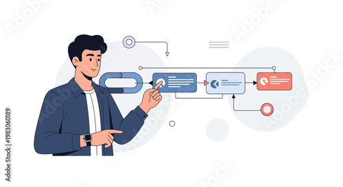 Man interacting with a digital flowchart, business process visualization, strategy planning