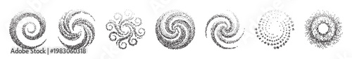 Stipple round spiral elements, dotted circular swirl patterns, pointillism texture and halftone radial design collection. Abstract geometric art, decorative graphic elements. Flat vector illustration 