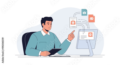 Man working on computer, managing digital files and data transfer