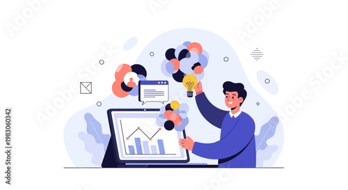 Man with lightbulb and charts, business growth, innovative ideas, data analysis, digital marketing concept