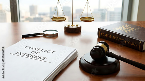 Legal conflict of interest concept featuring a wooden judge gavel on a desk symbolizing ethical dilemma, corporate policy violation, and moral responsibility in professional judicial conduct.