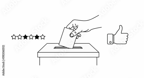 Hand placing vote in ballot box, with rating stars and thumbs up