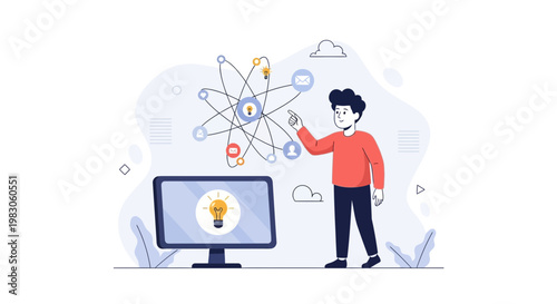 Man interacting with digital network, idea and technology concept