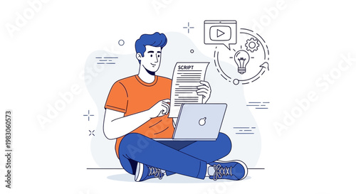Man writing script on laptop, planning video content, creative process, idea generation
