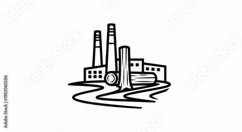 Industrial complex with smokestacks, buildings, logs, and winding path