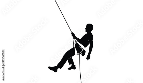 A dynamic illustration depicts a person rappelling down a rope against a stark white background showcasing a bold silhouette high quality professional detailed modern