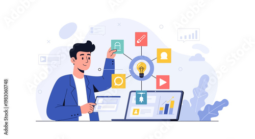 Man organizing digital ideas and business strategy on a laptop and tablet