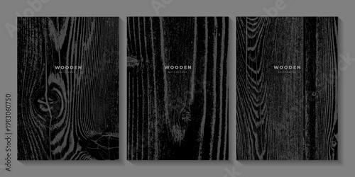 Set of black wood textures. Dark wood grain. Natural wood structure. Eco concept background. Poster with tree pattern. Stamp of tree trunk in section. Templates with wooden concentric circles