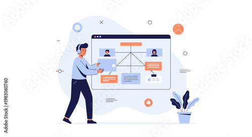 Man organizing flowchart on digital screen, business strategy and planning concept