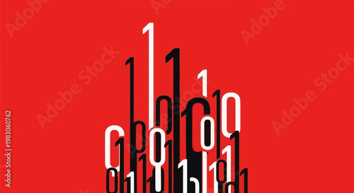 Abstract digital data stream of ones and zeros on a red background