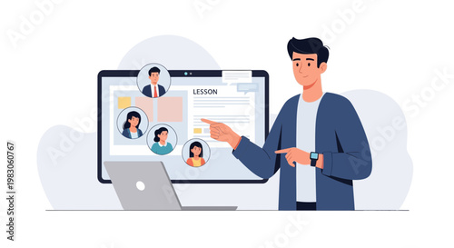 Online Education: Teacher leading virtual lesson with students on screen