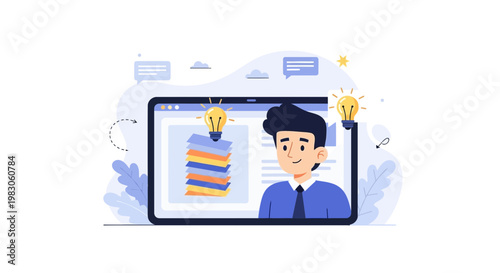 Online Learning Concept: Man with Ideas on Laptop Screen, Stack of Papers, Lightbulb