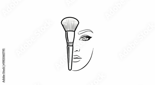 Minimalist line art of a makeup brush obscuring half a female face