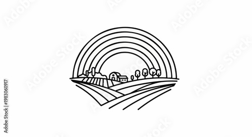 Minimalist outline of a farm under a rainbow arc