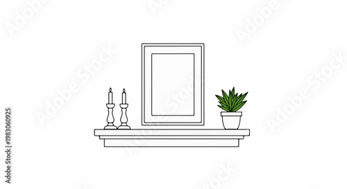 Minimalist shelf display with candles, picture frame, and potted plant