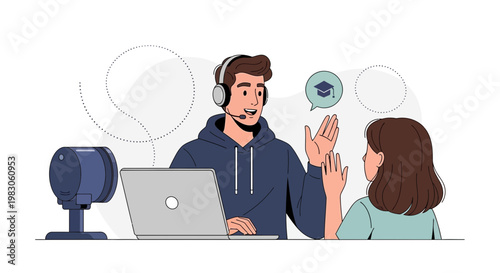 Online learning, remote education, student and teacher high five, graduation cap icon