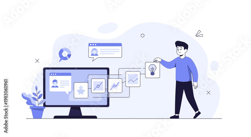Man organizing workflow on computer screen, business process and idea generation concept