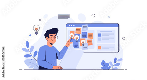 Man planning ideas on a digital board with lightbulbs and sticky notes, laptop