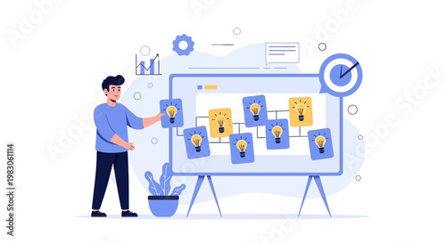Man planning ideas on a whiteboard with lightbulb cards, business strategy concept
